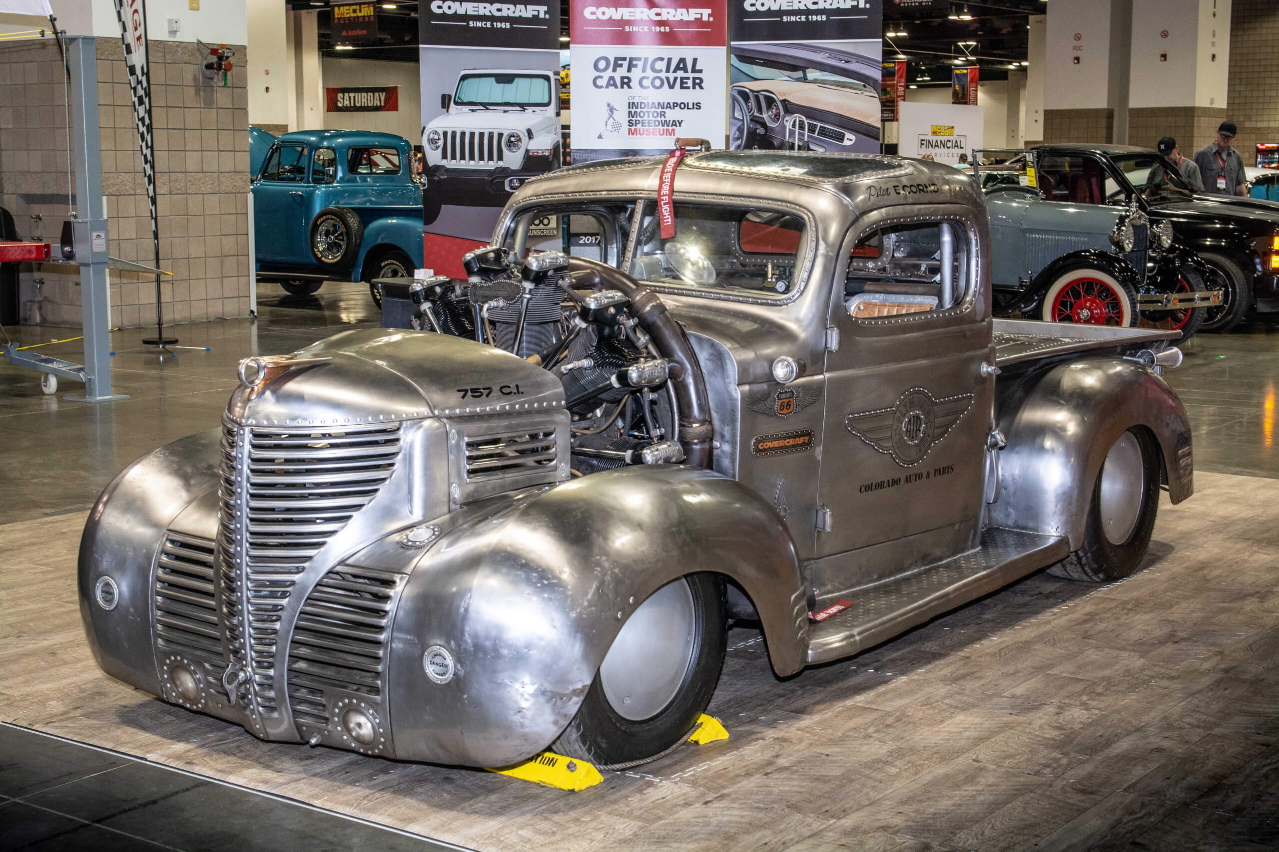 Gary Corns' custom 1939 Plymouth pickup truck features a radial engine from a 1954 Cessna airplane.